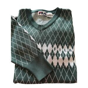 Vintage‎ Fila Argyle Sweater Mens XL Green White V Neck Knit Pullover